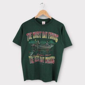 Vintage 1994 Fishing Graphic Tee Jerzees 50/50 "Worst Day Fishing" Green M USA